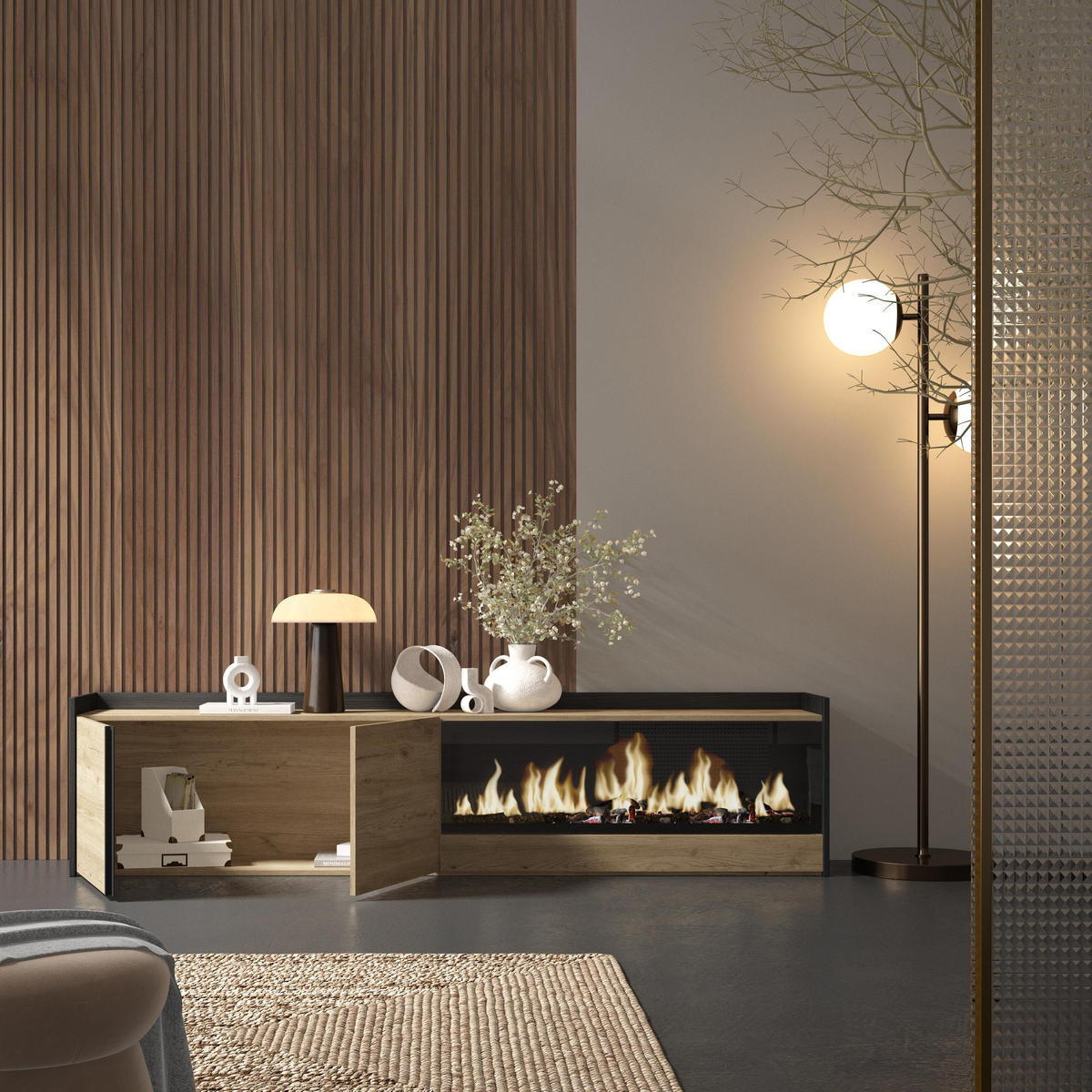 LOWBOARD, Eiche und Schwarz, 212/35/50cm, Kamin mit Feuereffekt XXL - Eichefarben, Holzwerkstoff (212/50/35cm) - Skraut Home