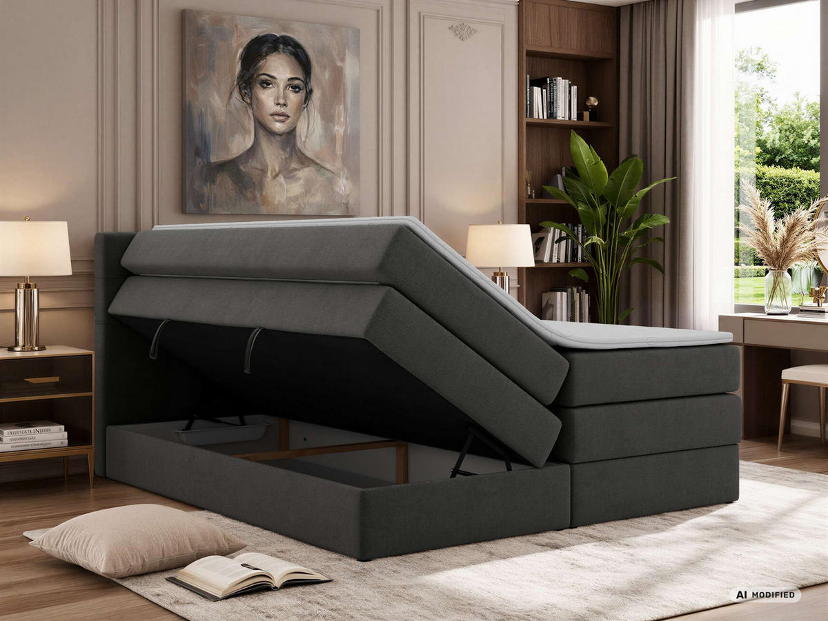 BOXSPRINGBETT SOLVEN KING 160/200 - Dunkelgrau Jersey - Topper T25 - H4 - Dunkelgrau/Schwarz, Kunststoff/Textil (160/200cm) - MKS