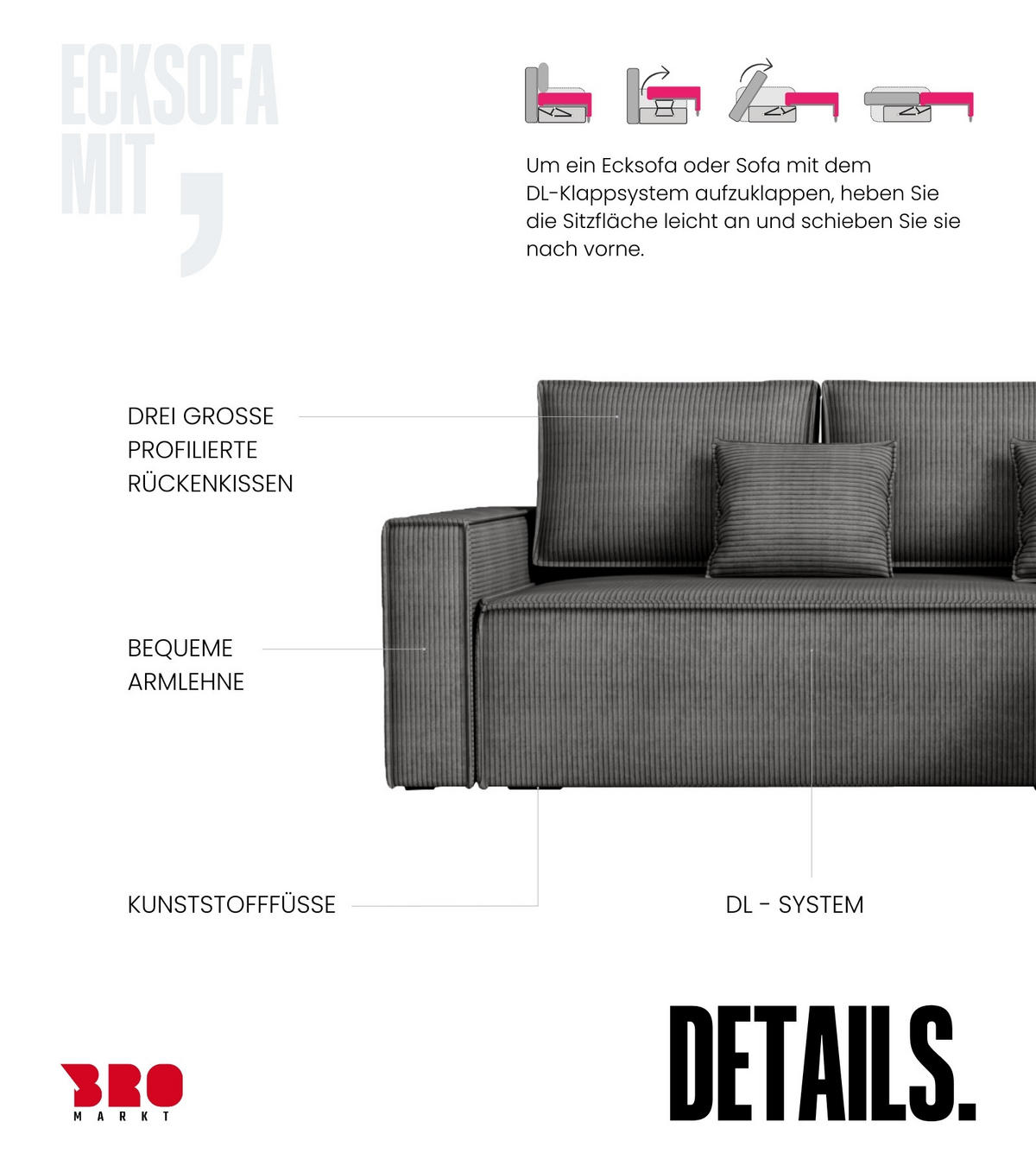 ECKSOFA Dexter mit Schlaffunktion Grau Cord - Dunkelgrau, Textil (238/141cm) - Bromarkt