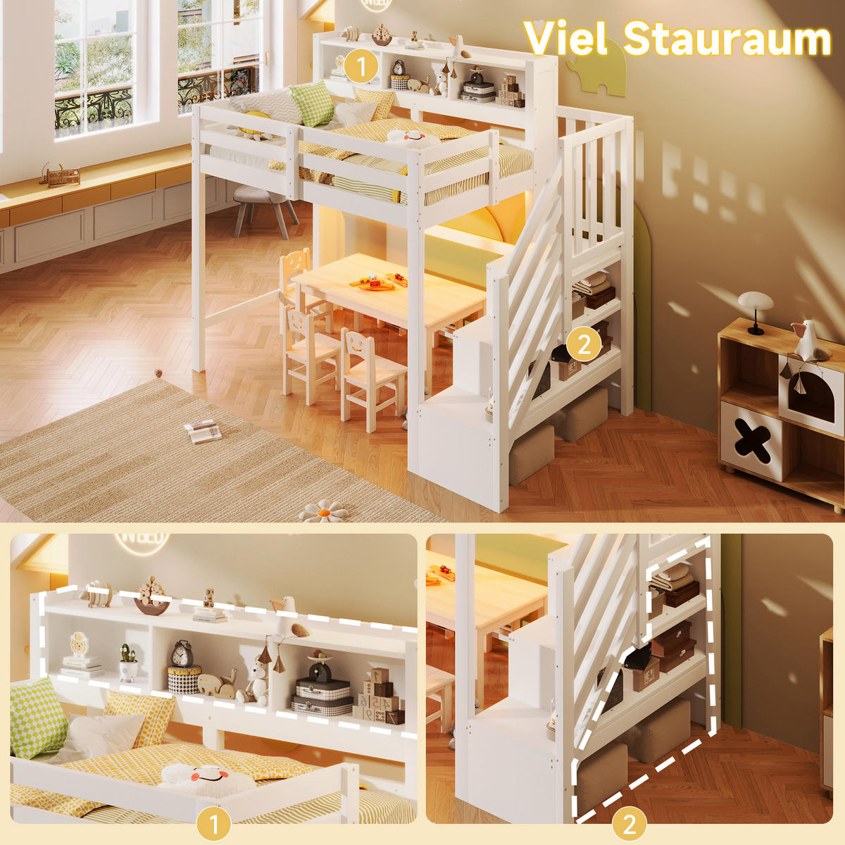 HOCHBETT 90/200 cm Weiß mit LED-Leuchten, Stauraumtreppe, offenem Staufach - Weiß, Holz (90/200cm) - Oxeza