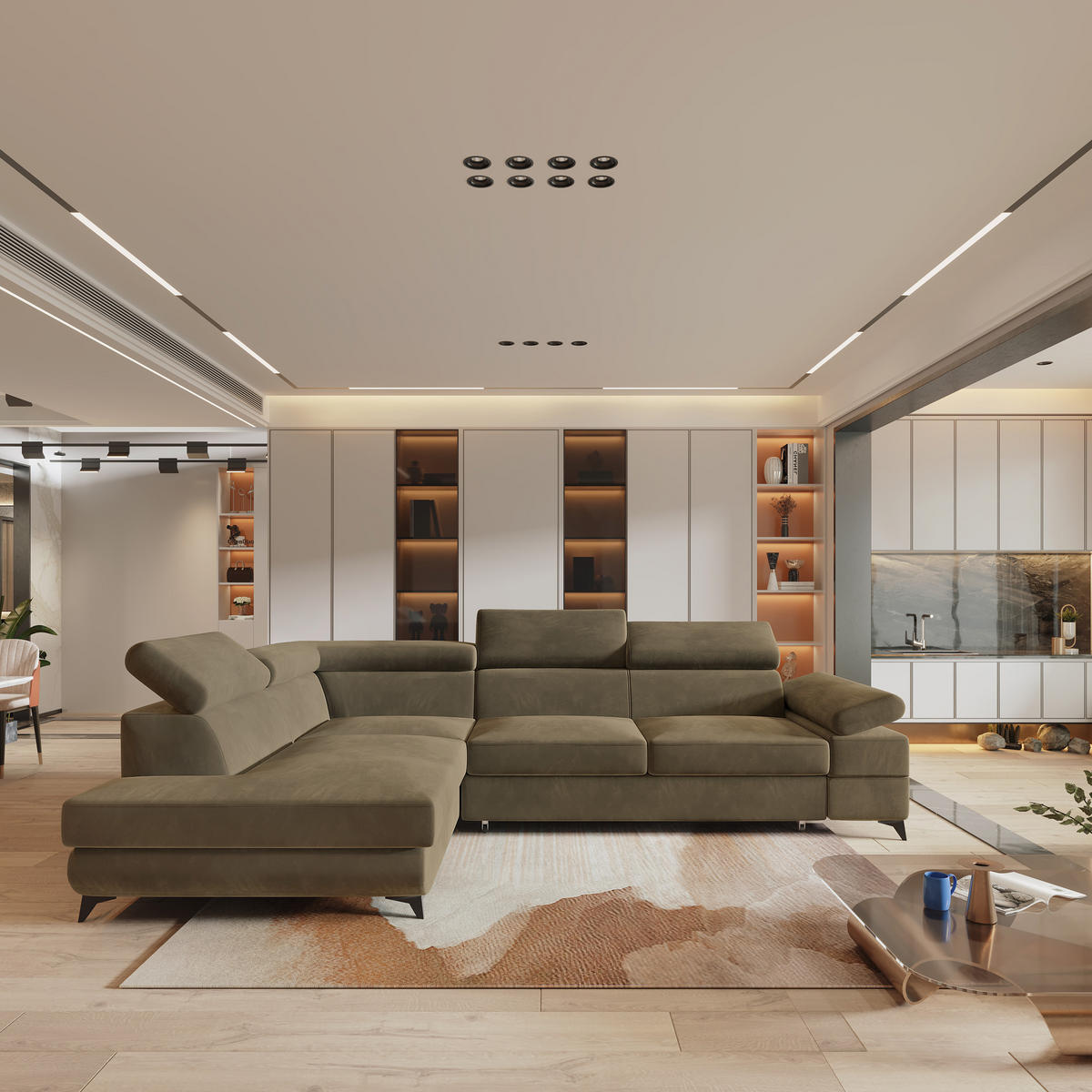 ECKSOFA FAVIEN L-S Beige Velours-Stoff mit Schlaffunktion - Beige, Holz (257/190cm) - MASSENO