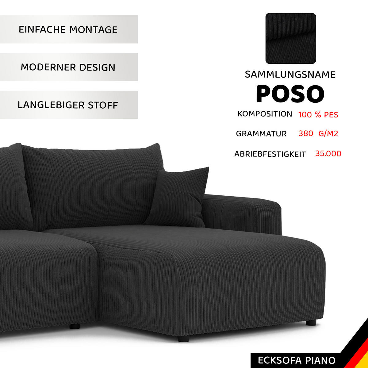 ECKSOFA mit Schlaffunktion und Bettkasten, Schwarz - Schwarz, Holzwerkstoff/Textil (145/278cm) - Idohome