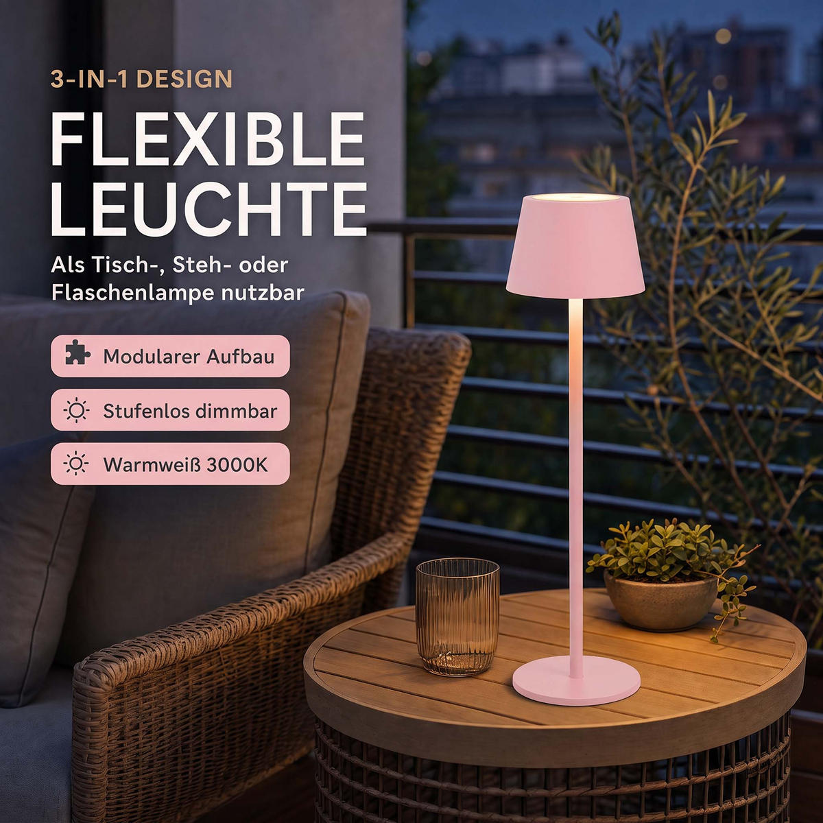 LED-TISCHLAMPE 3 in 1 Pink max. 45cm hoch - Pink, Kunststoff (11/11/45cm) - Northpoint