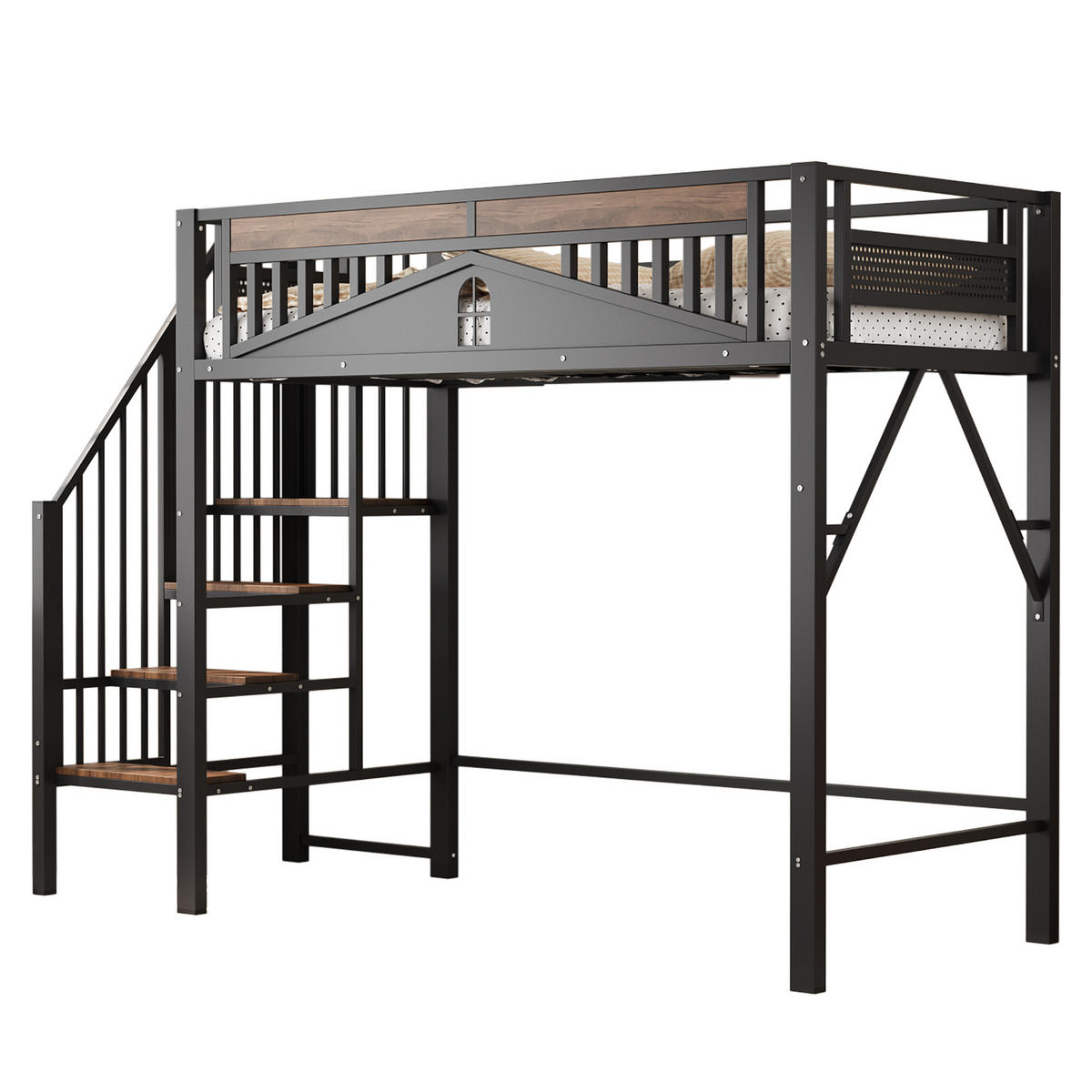 HOCHBETT 90/200 cm DE-01435, in Schwarz, mit Sicherheitsumrandung und Leiter - Schwarz, Metall (90/200cm) - ComfortXL