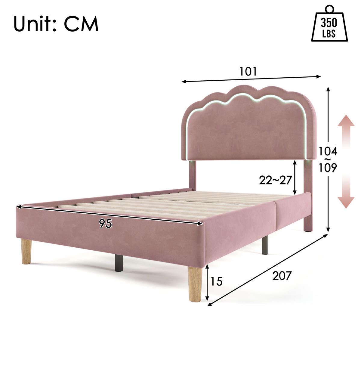 POLSTERBETT 90/200 cm Rosa aus Samt mit LED-Beleuchtung - Pink, Textil (90/200cm) - Flora Grace