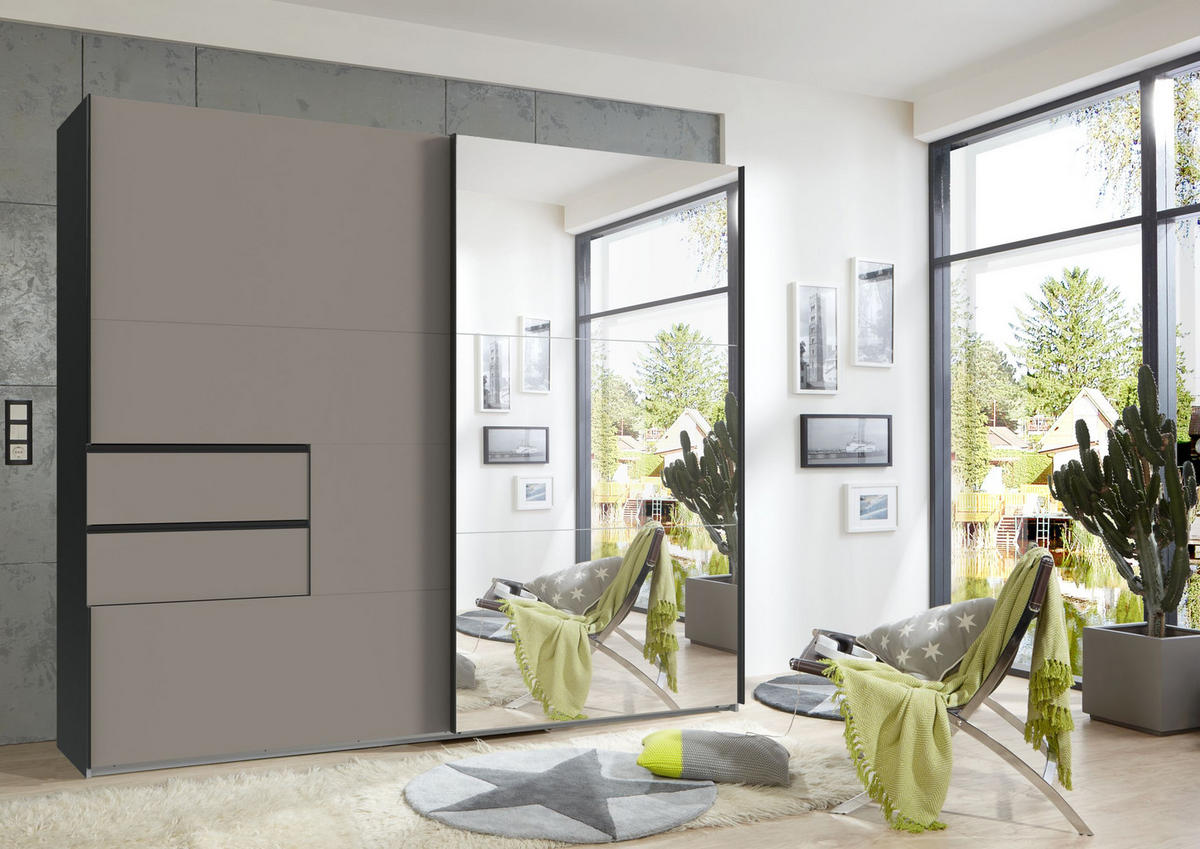 SCHWEBETÜRENSCHRANK B250/H216/T65 cm, Korpus Grafit, Türen und Schubladen Sand Grau / Spiegel, inkl. Vollausstattung / 22053 - Sandfarben/Schwarz, Holzwerkstoff/Metall (250/216/65cm) - luma-home