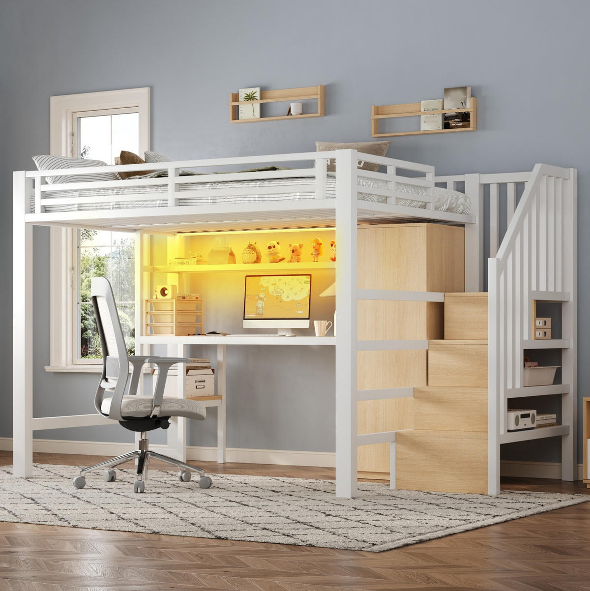 HOCHBETT Metall 140/200 cm mit Schreibtisch, Regal, Kleiderschrank und LED-Beleuchtung, Weiß - Weiß, Holzwerkstoff (140/200cm) - Redom