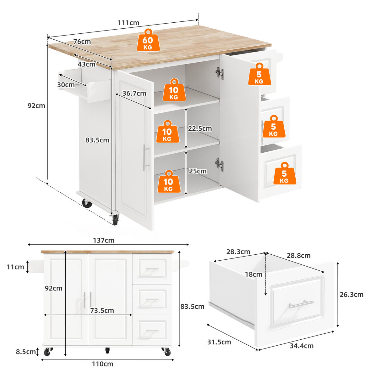 KÜCHENINSEL 137/43-76/92 cm aus MDF mit klappbarer Arbeitsplatte Weiß - Weiß, Holzwerkstoff (137/92/76cm) - Modenvie