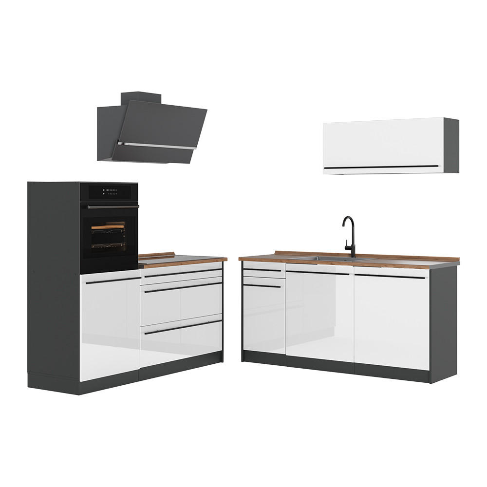 KÜCHENZEILE R-Line, Weiß Hochglanz/Anthrazit, 160 cm Arbeitsplatte Goldkraft Eiche - Weiß Hochglanz/Anthrazit, Holzwerkstoff (160/143/60cm) - Vicco