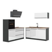 KÜCHENZEILE R-Line, Weiß Hochglanz/Anthrazit, 160 cm Arbeitsplatte Goldkraft Eiche - Weiß Hochglanz/Anthrazit, Holzwerkstoff (160/143/60cm) - Vicco
