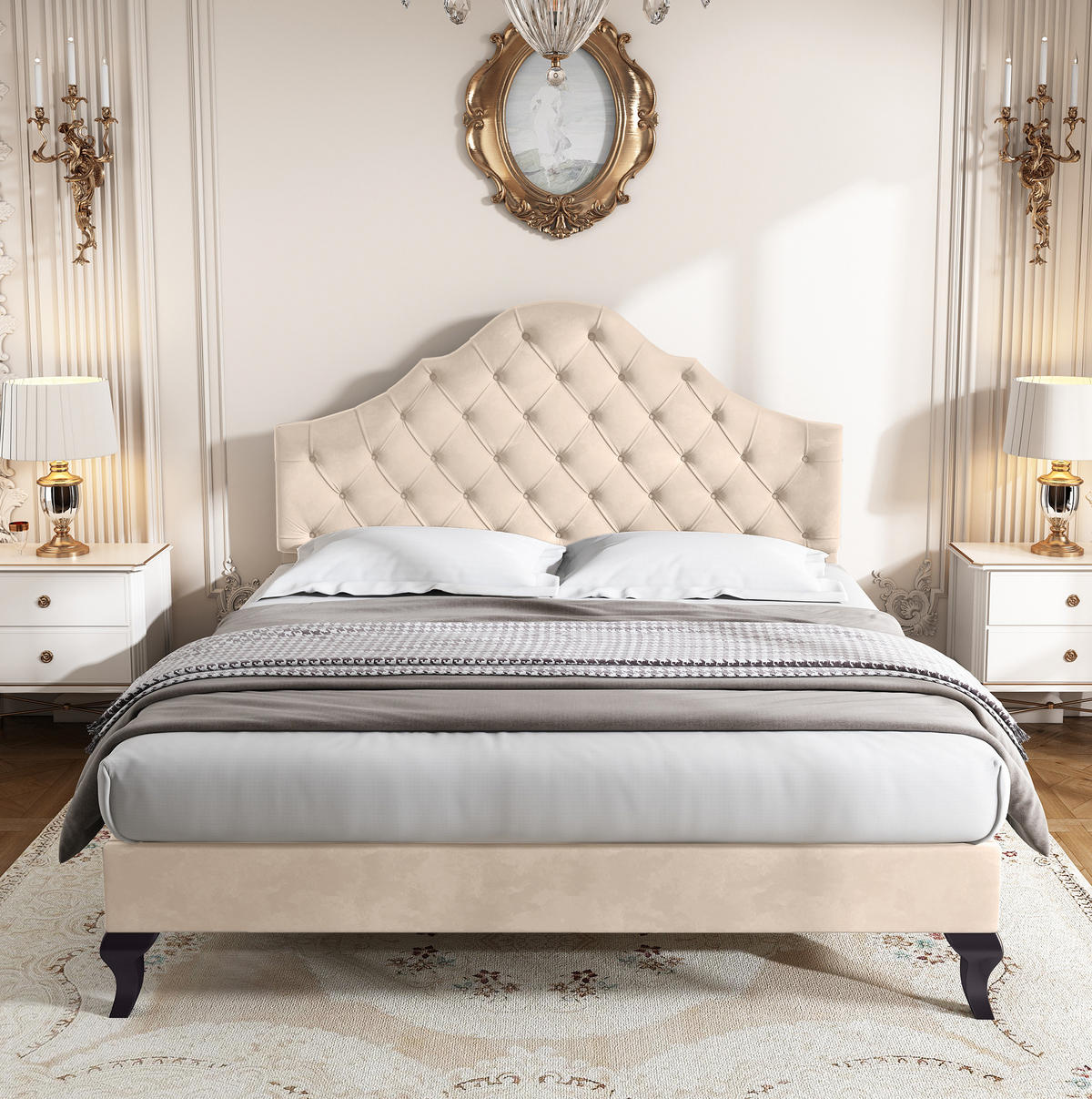 POLSTERBETT aus Samt 140x190 cm Off-White mit höhenverstellbarem Kopfteil und Lattenrost - Beige, Textil (140/190cm) - Modfu
