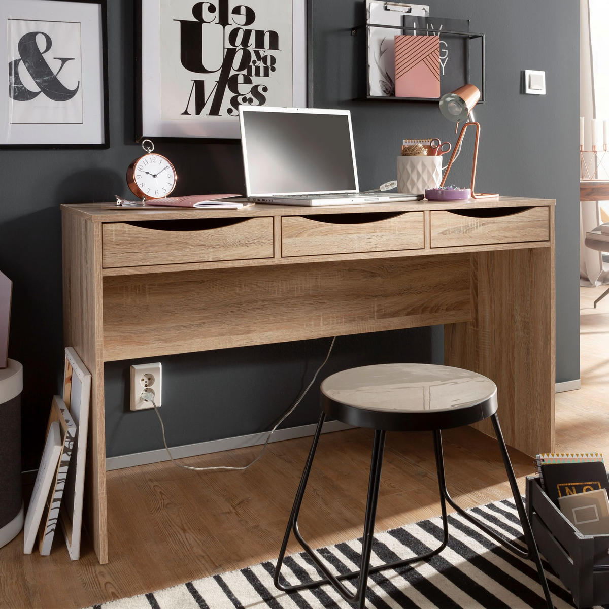 SCHREIBTISCH – Sonoma Eiche, mit Schubladen, praktische Blende, stabil - Beige, Holz (55/120/75cm) - KADIMA DESIGN