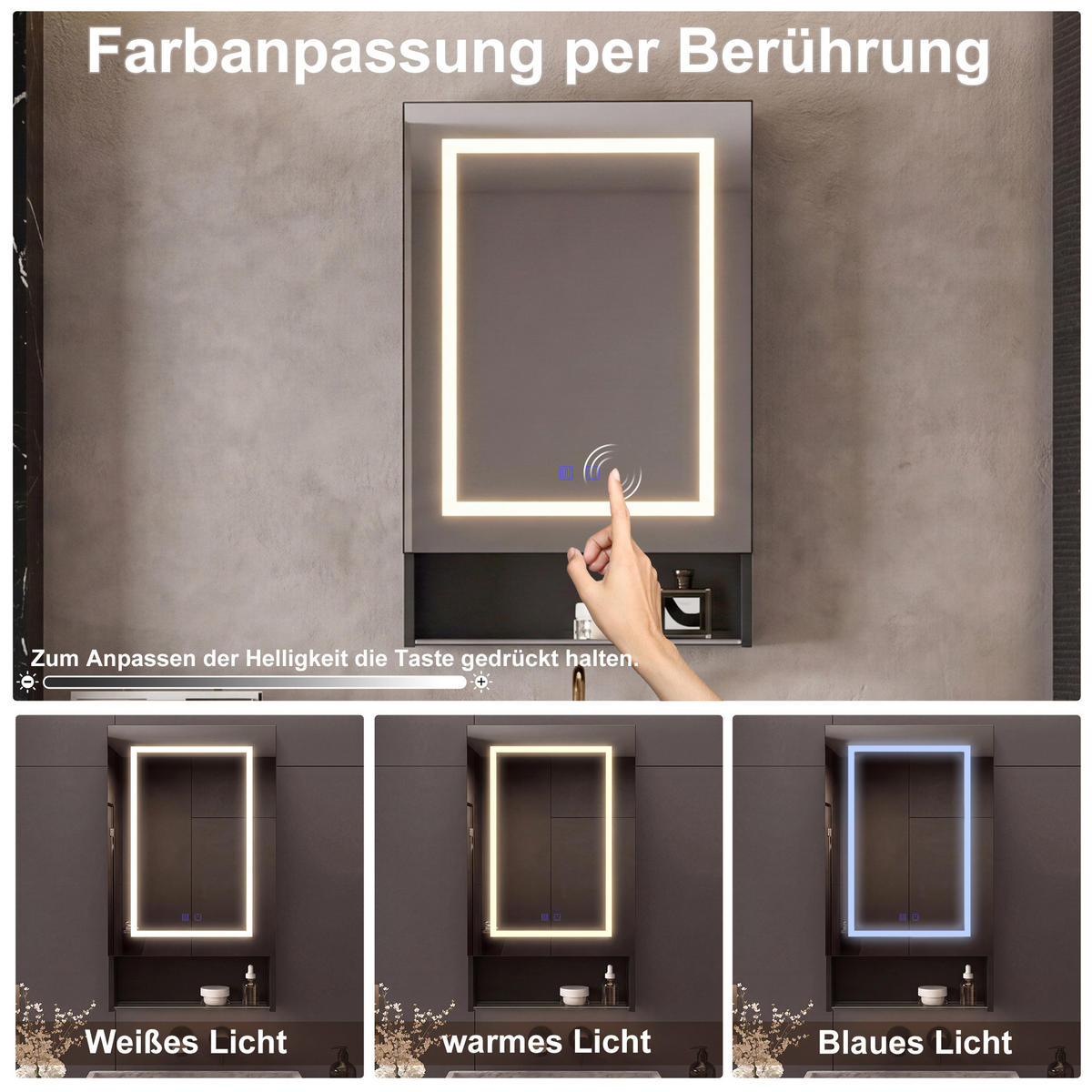 SPIEGELSCHRANK Schwarz 50x88cm mit 3 Lichtfarben & Antibeschlag - Schwarz, Glas (50/88/16cm) - SHOPENTRA