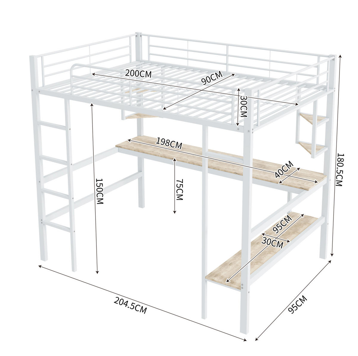 HOCHBETT 90/200 cm Weiß aus Metall und MDF mit Schreibtisch und Regalen - Weiß, Metall (90/200cm) - OKMYHOME