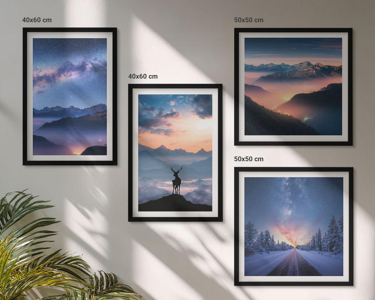 WANDBILDER 4er-Set - 50x50 cm & 40x60 cm Schwarzer Rahmen - Nachthimmel Berge Nebel Hirsch - Schwarz, Kunststoff (50/50cm) - ArtPrintCave