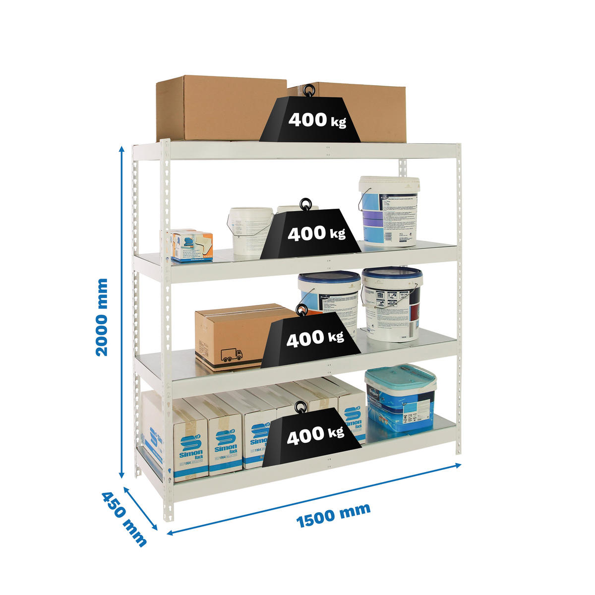 SCHWERLASTREGAL Big Metal Yeti Four HxBxT 200 x 150 x 45 cm Fachlast 400 kg Weiß - Weiß, Metall (150/200/45cm) - PROREGAL