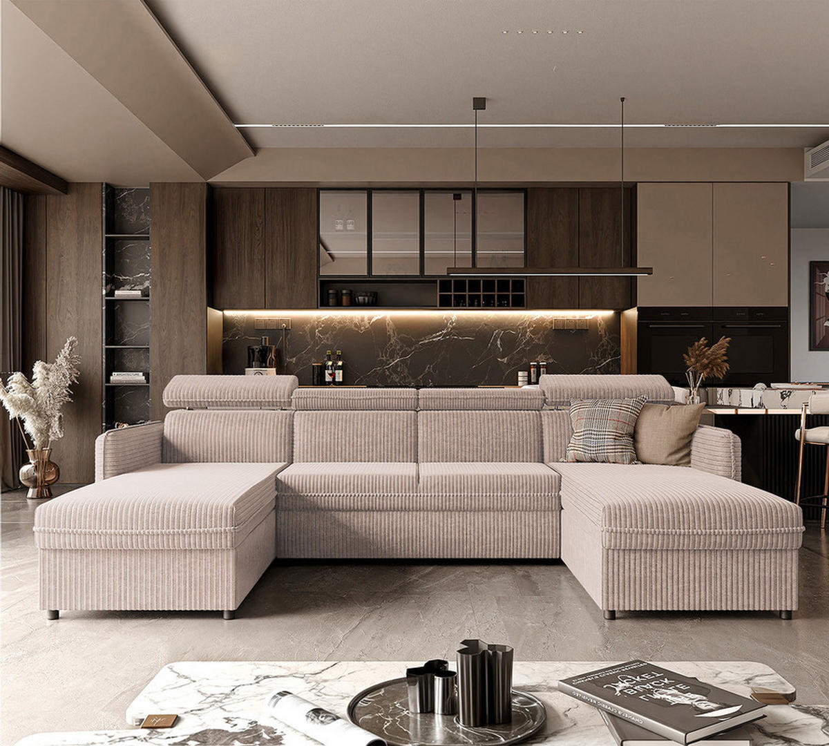 WOHNLANDSCHAFT BENI mit Schlaffunktion und Bettkasten Sandfarben - Sandfarben/Schwarz, Kunststoff/Textil (286/60/166cm) - Idohome