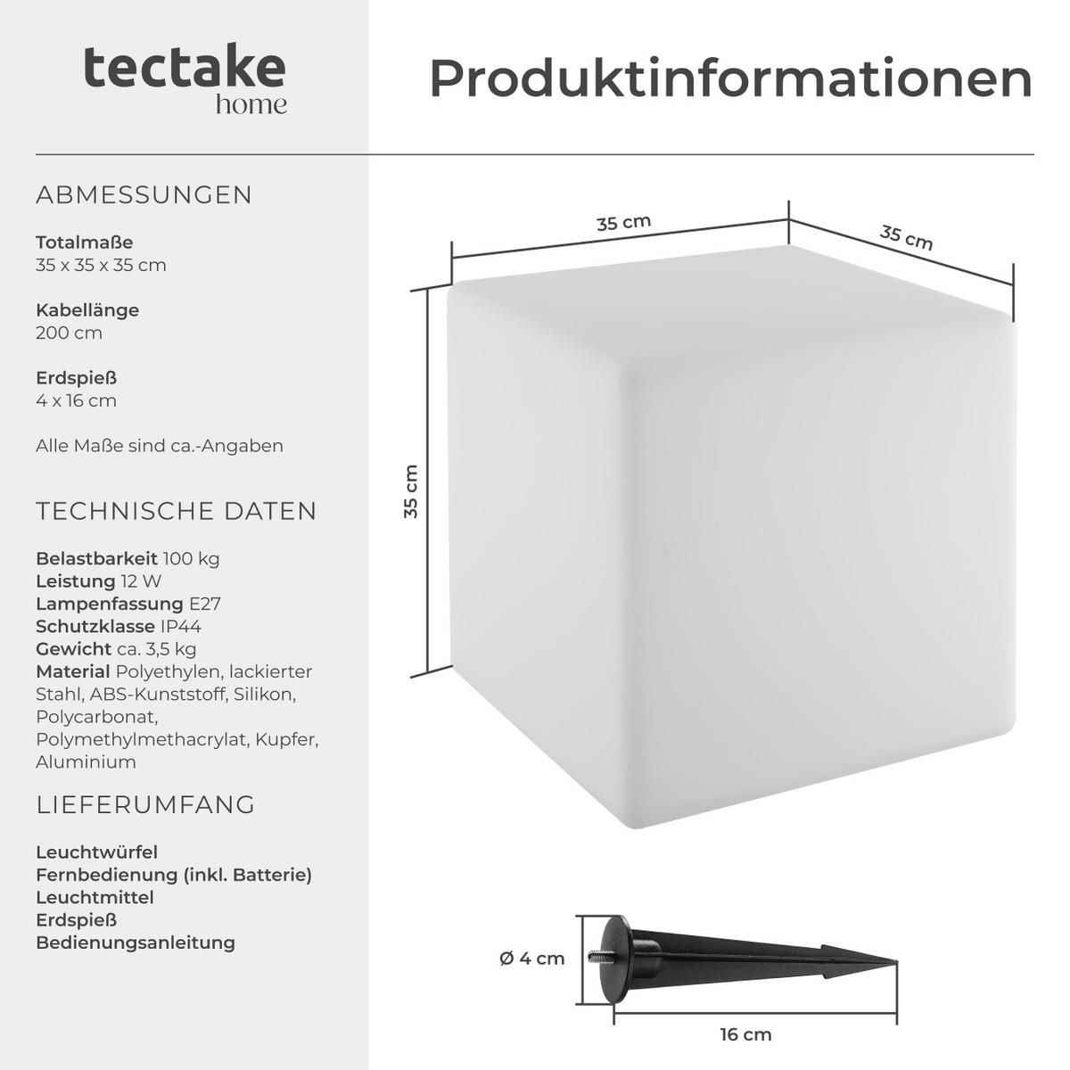 LEUCHTWÜRFEL Luminous Cube,Belastbarkeit 100 kg, inkl. Erdspieß,weiß - Weiß, Kunststoff (35/35/35cm) - tectake