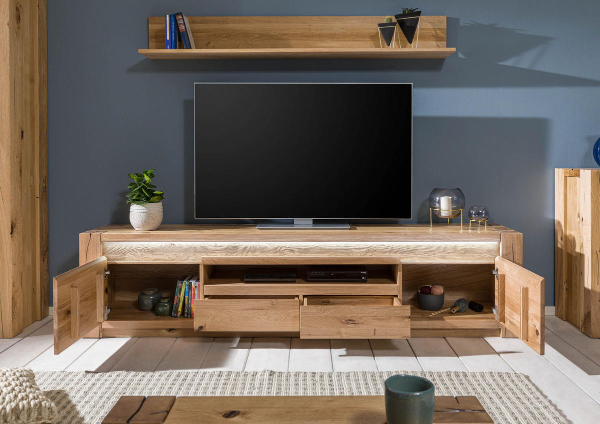 TV-BOARD Wildeiche 223x40x53 beige geölt KENT #232 - Beige, Holz (223/53/40cm) - Massivmoebel24
