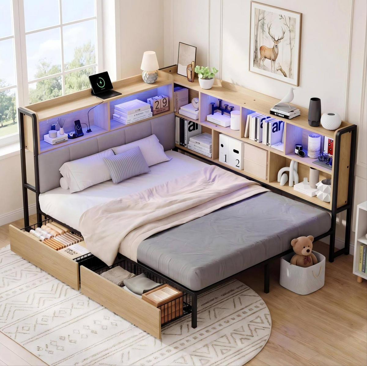 ČALÚNENÁ posteľ 90x200/140x200 cm s LED osvetlením, USB a Type-C nabíjaním, úložným priestorom a 2 zásuvkami, Sivá - prírodná farba, kompozitné drevo (140/200cm) - Redom
