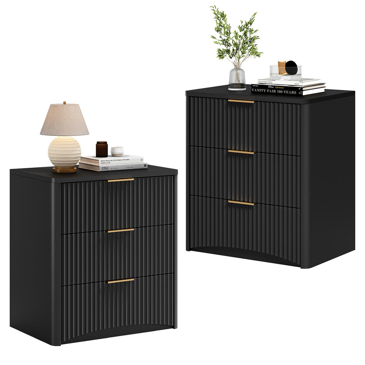 NACHTTISCH 58/38/64 cm in Schwarz mit 3 Schubladen und Rillenfront - Schwarz, Holzwerkstoff (38/64/58cm) - Flora Grace