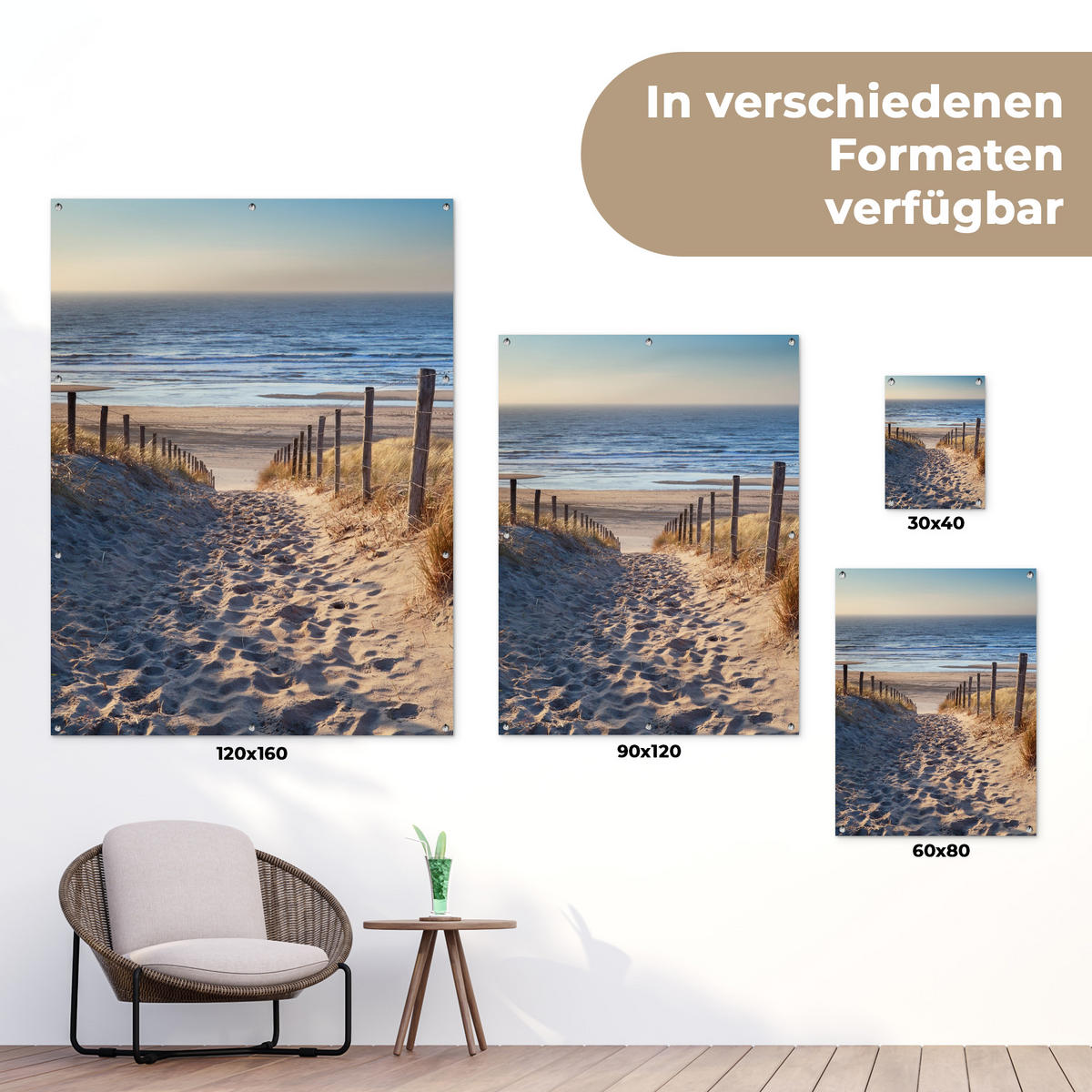 ZAHRADNÍ PLAKÁT Pláž - moře - Nizozemsko - duny - slunce 120x160 cm - písková barva, plast (120/160/0.2cm) - OnlyWow