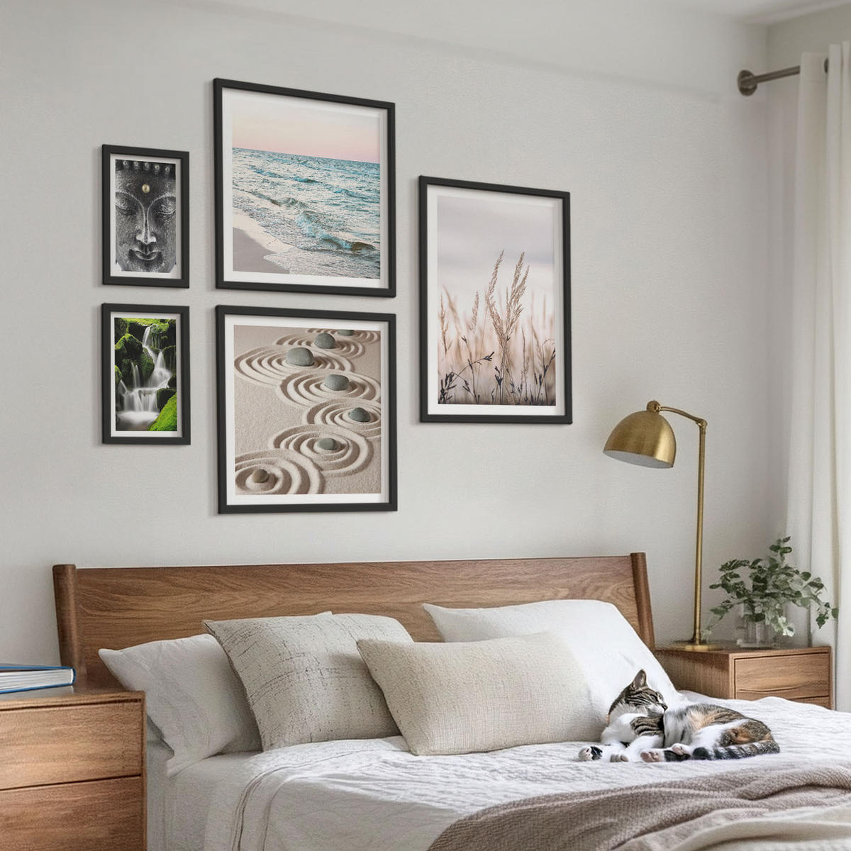 BILDER SET 5er Set - 50x50 cm & 20x30 cm & 40x60 cm Schwarzer Rahmen - Nachthimmel, Berge, Sterne - Schwarz, Kunststoff (40/60cm) - TULUP