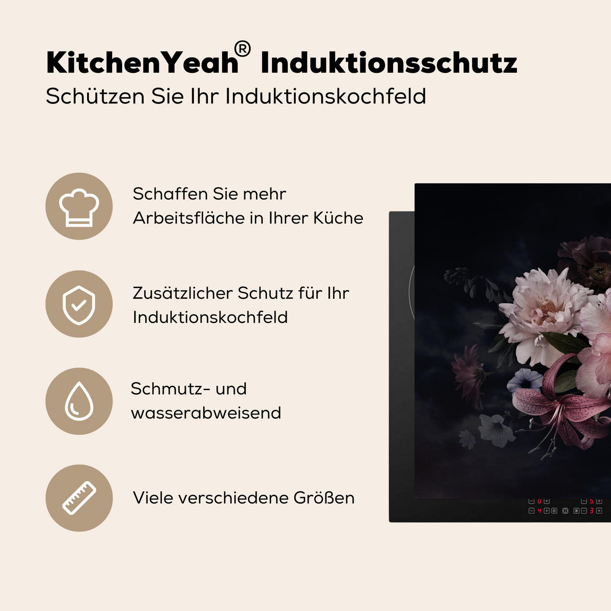 HERDABDECKPLATTE Blumen - Vintage - Pastell - Rosa - Weiß 81x52 cm - Altrosa, Kunststoff (81.6/0.2/52.7cm) - MuchoWow