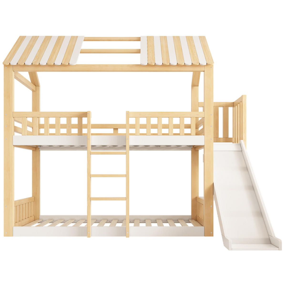 ETAGENBETT mit Giebeldach 90/200 cm Weiß Natur mit Regal, ohne Matratze - Weiß, Holz (90/200cm) - MIVRAY
