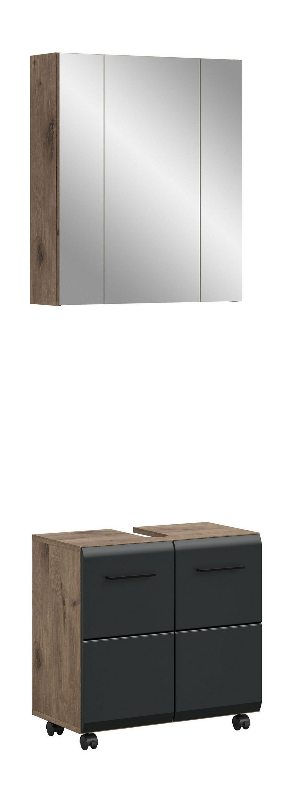 BAD-SET auf Rollen Alba 3-tlg. (B/H/T: ca. 60/185/30 cm) in Nox Oak Nachbildung/schwarz matt - Eichefarben, Holzwerkstoff (60/185/30cm)