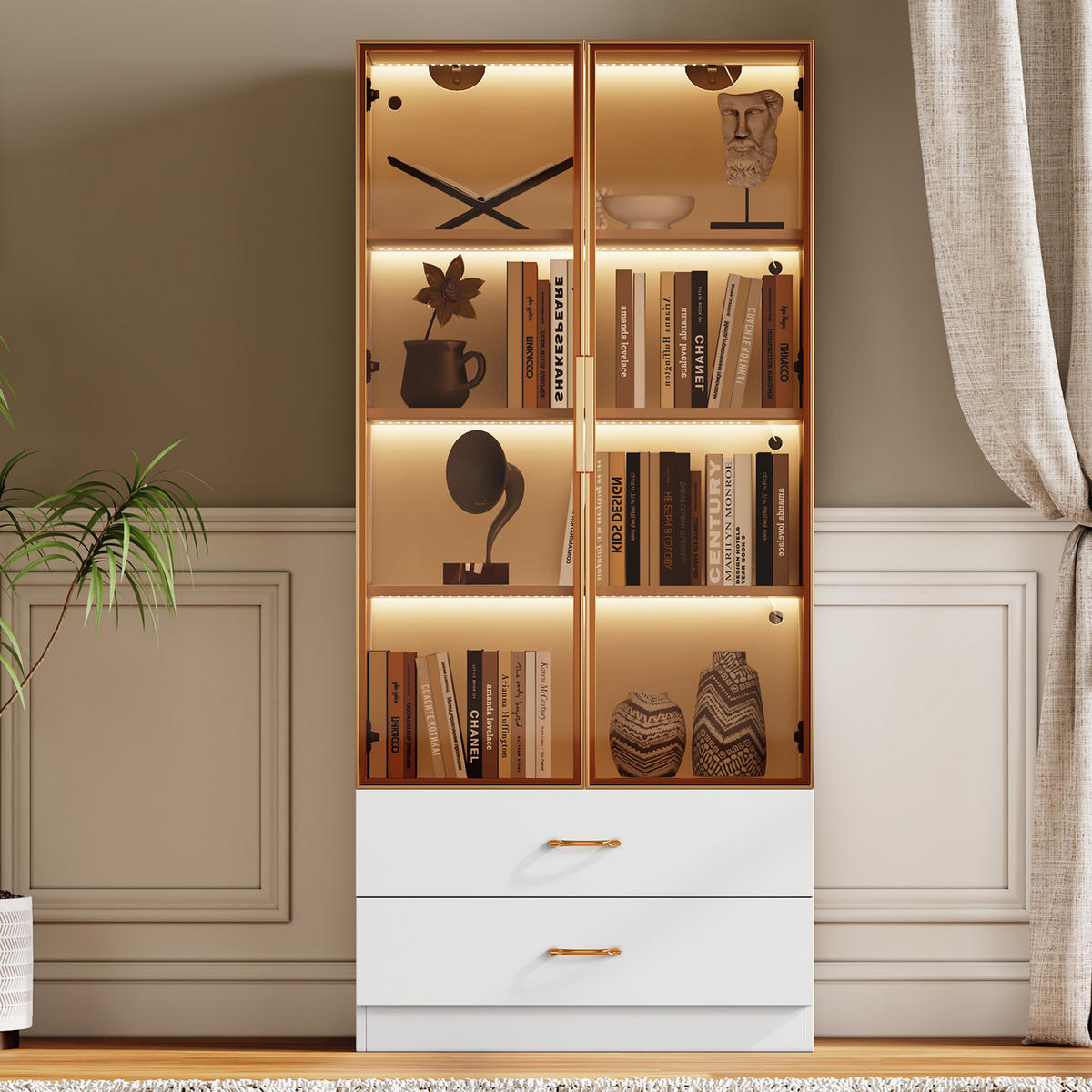 BADSCHRANK in Weiß Highboard mit LED-Lichtleiste Glastür 2 große Schubladen 2 Türen , B75/T34.5/H170cm - Weiß, Glas/Holzwerkstoff (75/170/34.5cm) - STILVORA