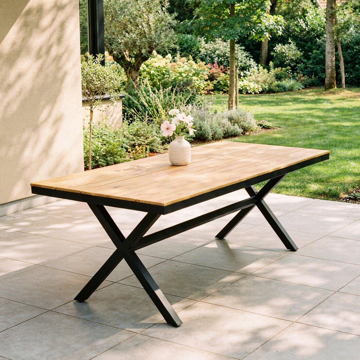 GARTENTISCH ISOLA grau/natur - Schwarz/Naturfarben, Kunststoff/Metall (100/180/76cm) - IDIMEX