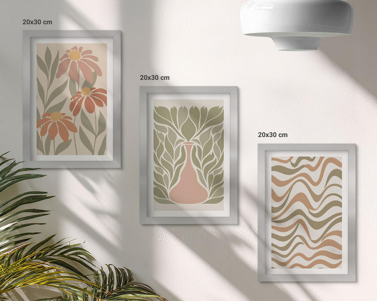 BILDER SET 3er Set - 20x30 cm Silberner Rahmen - Abstrakte Pastellblumen - Silberfarben, Kunststoff (20/30cm) - TULUP