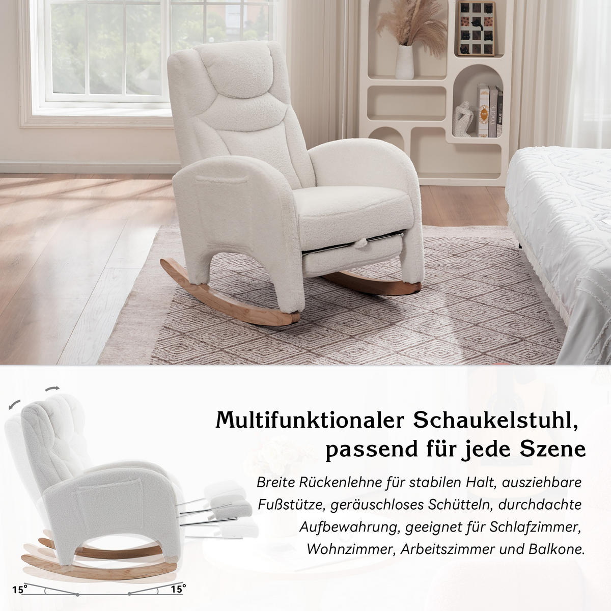 SCHAUKELSTUHL Weiß Teddy mit Klappbare Pedale - Weiß, Textil (125/101/66cm) - Oxeza