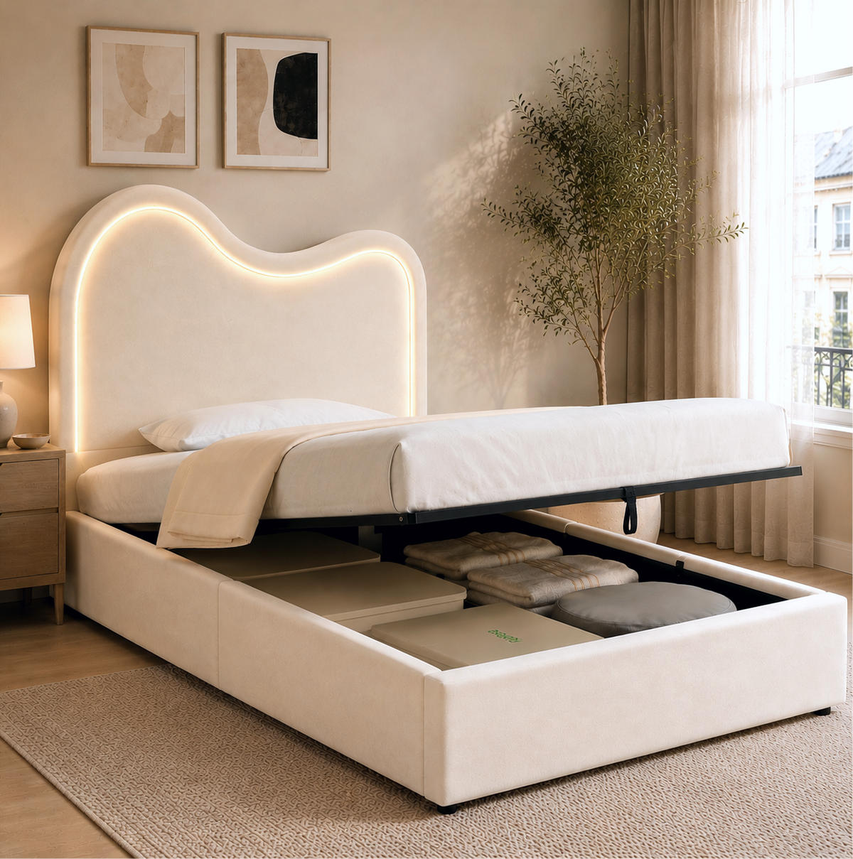 POLSTERBETT 90/200 cm in Beige aus Samt mit Stauraum und LED - Beige, Textil (90/200cm) - Flora Grace