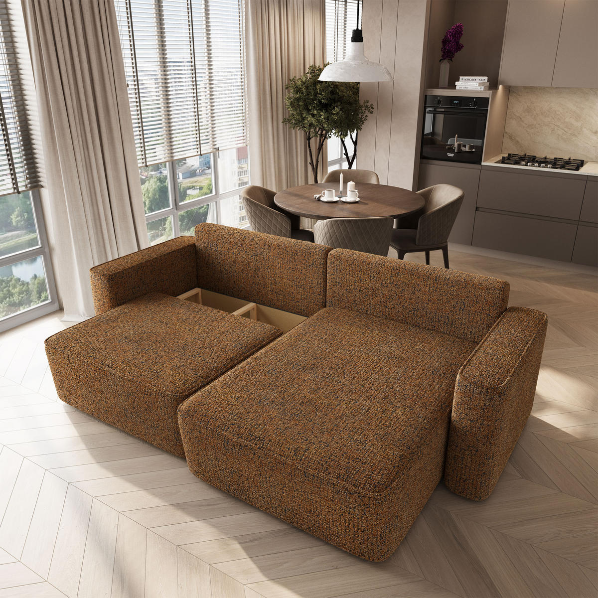 ECKSOFA BELISE BL Braun Chenille mit Schlaffunktion - Braun, Holz/Textil (252/162cm) - MASSENO