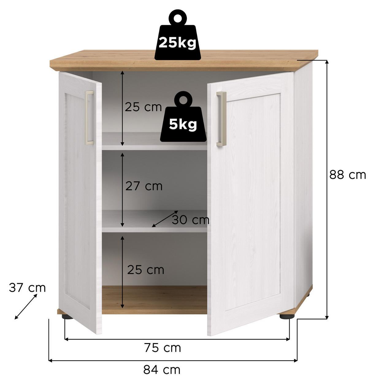KOMMODE weiß Lärche, Eiche Artisan 84 cm, Highboard Landhaus Stil - Silberfarben/Schwarz, Holzwerkstoff/Kunststoff (84/88/37cm) - Inn.Furn