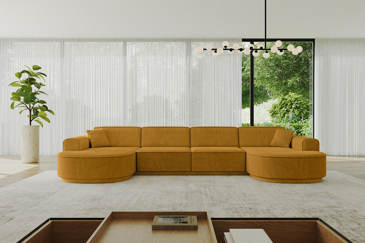 WOHNLANDSCHAFT MARI-U2 - 380x163x81 cm Senfgelb Cord - Gelb/Schwarz, Holzwerkstoff/Kunststoff (380/81/163cm) - ALTDECOR