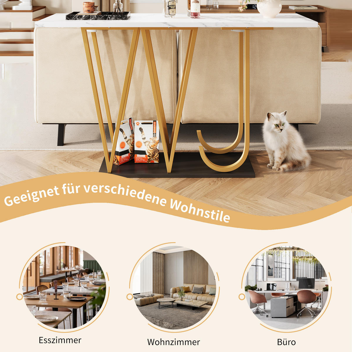 KONSOLENTISCH 120/29,5/80 cm Weiß Marmoroptik mit Stauraum aus MDF Metall - Weiß, Holzwerkstoff (120/29.5/80cm) - OKWISH