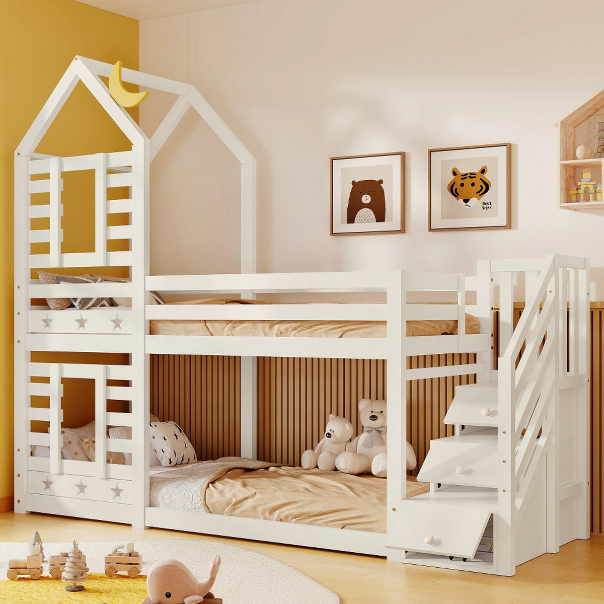 HOCHBETT BAUMHAUS mit Schubladen, Rausfallschutz, Treppe, Kiefer Massivholz, Weiß, 96/257/217 cm - Weiß, Holz (90/200cm) - Rolipo