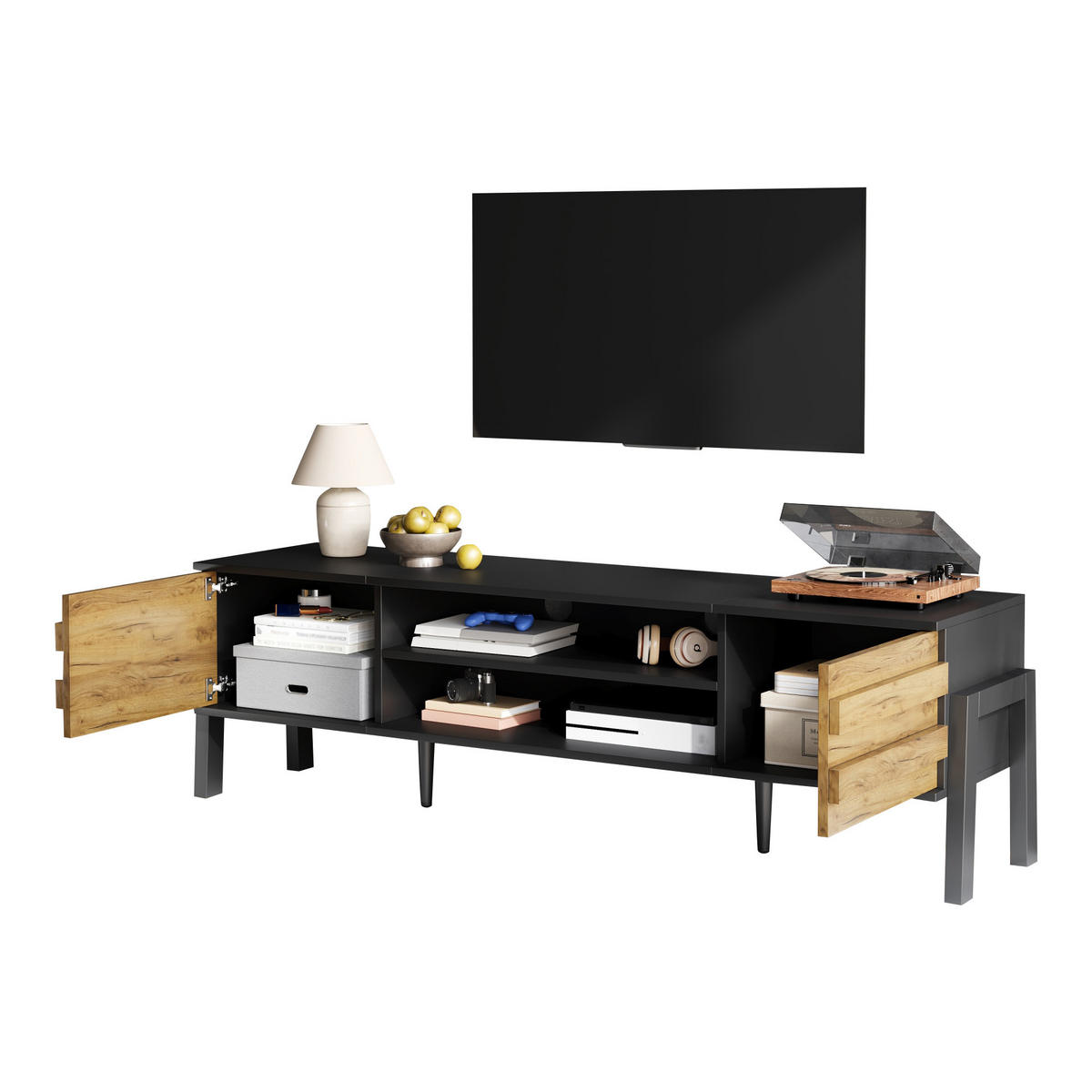 LOWBOARD in Schwarz TV-Schrank mit 2 Schränken und offenem Stauraum,geeignet für Fernseher bis 70 Zoll, B175/T39.5/H53cm - Schwarz/Naturfarben, Holzwerkstoff/Metall (175/53/39.5cm) - STILVORA