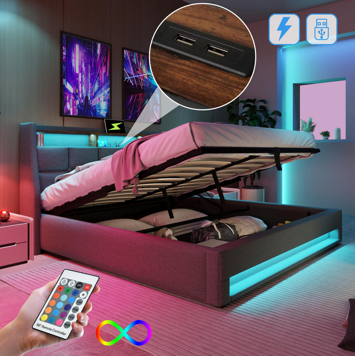 POLSTERBETT 140/200 cm Grau aus Leinen mit LED und USB - Grau, Textil (140/200cm) - OKMYHOME