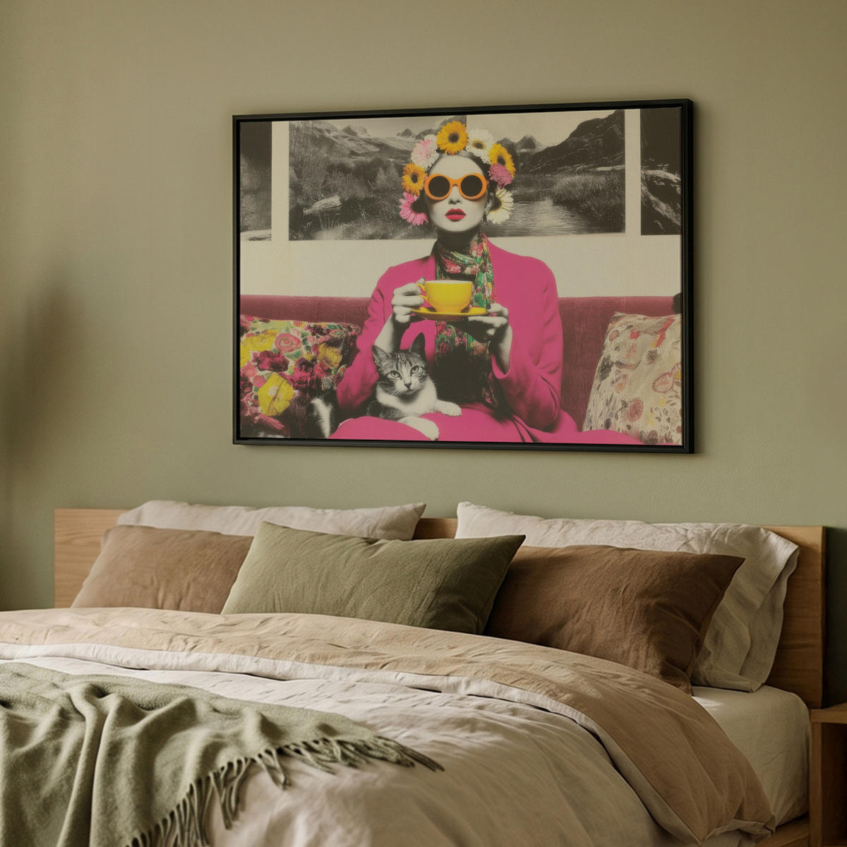 LEINWAND Bilder mit Rahmen - Frau - Katze - Blumen - Tasse - Retro - 100x70 - Magenta, Textil (100/70cm) - MuchoWow