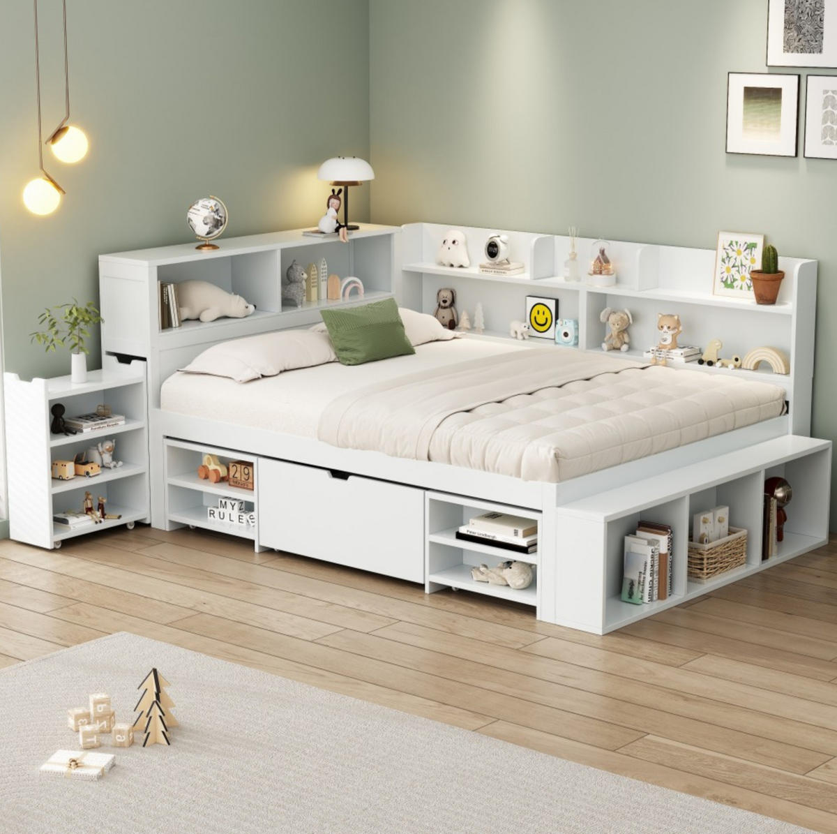 KINDERBETT 140/200 cm in Weiß mit Stauraum, Bücherregal und Lattenrost - Weiß, Holzwerkstoff (140/200cm) - BEAOK