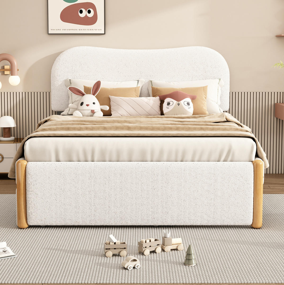 POLSTERBETT 140/200 cm mit gepolstertem Kopfteil und ausziehbarem Rollbett - Weiß, Textil (140/200cm) - BEAOK