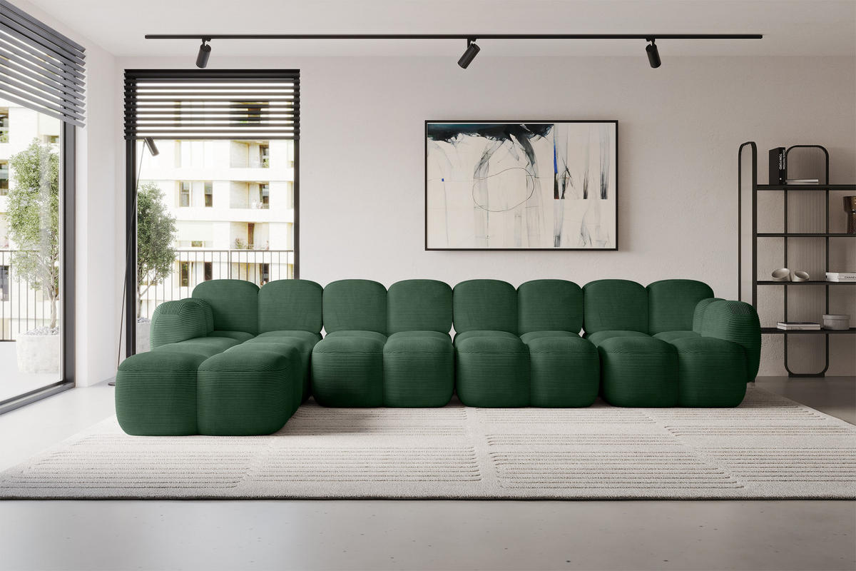 ECKSOFA modulares Sofa Links Miko-L3 390x205x75 Grün Cord - Waldgrün/Schwarz, Holzwerkstoff/Kunststoff (390/205cm) - ALTDECOR