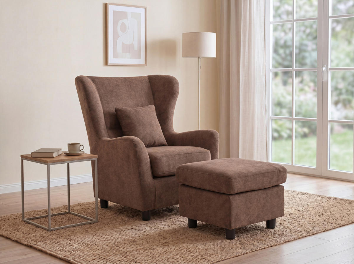 OHRENSESSEL mit HOCKER, hoher Sitzkomfort durch Taschenfederkern, Mikrofaser Braun / 16147 - Schwarz/Braun, Holz/Textil (89/95/79cm) - luma-home