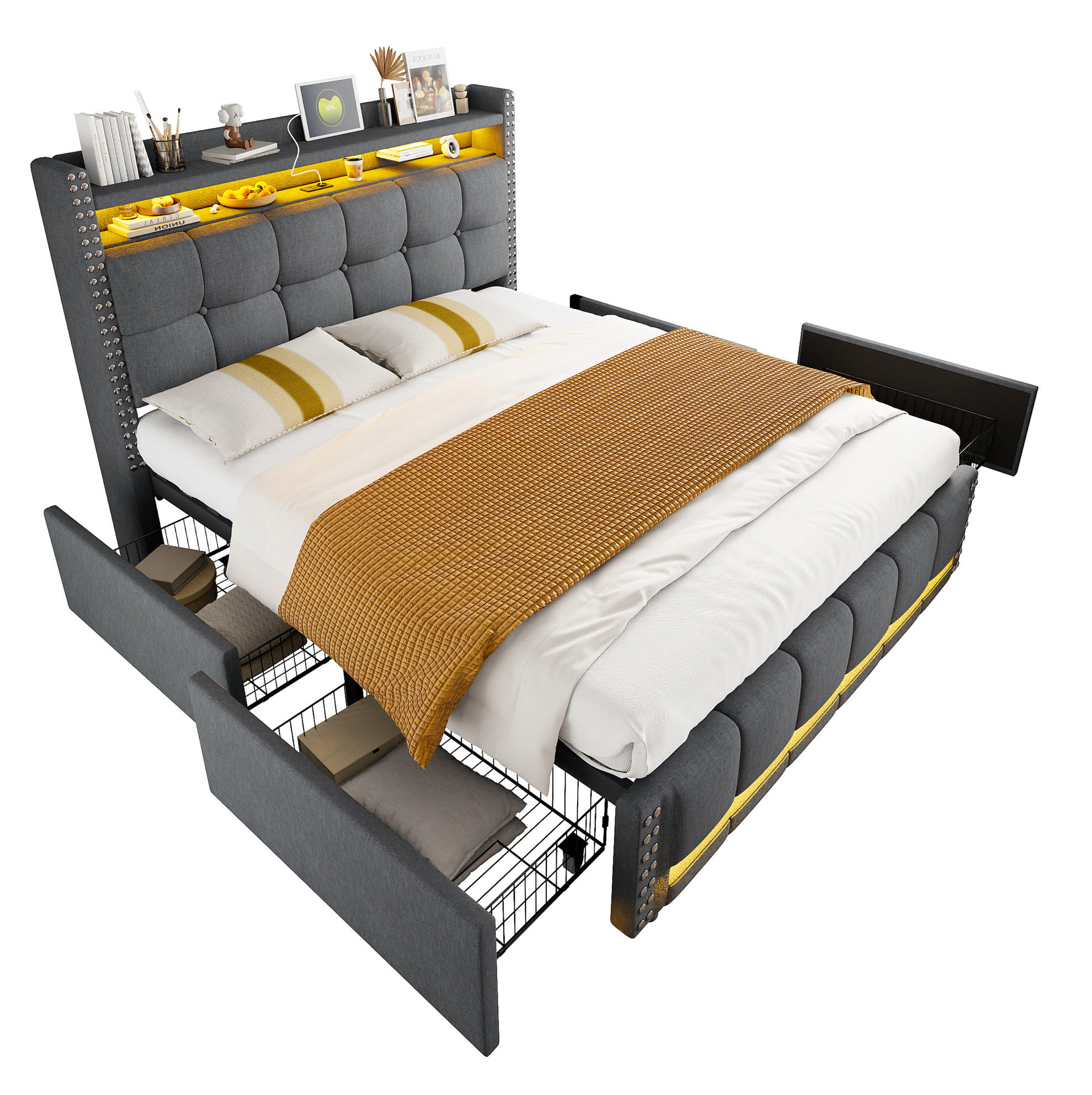 POLSTERBETT mit LED und USB 160x200 cm Grau - Grau, Metall (160/200cm) - Meubliv