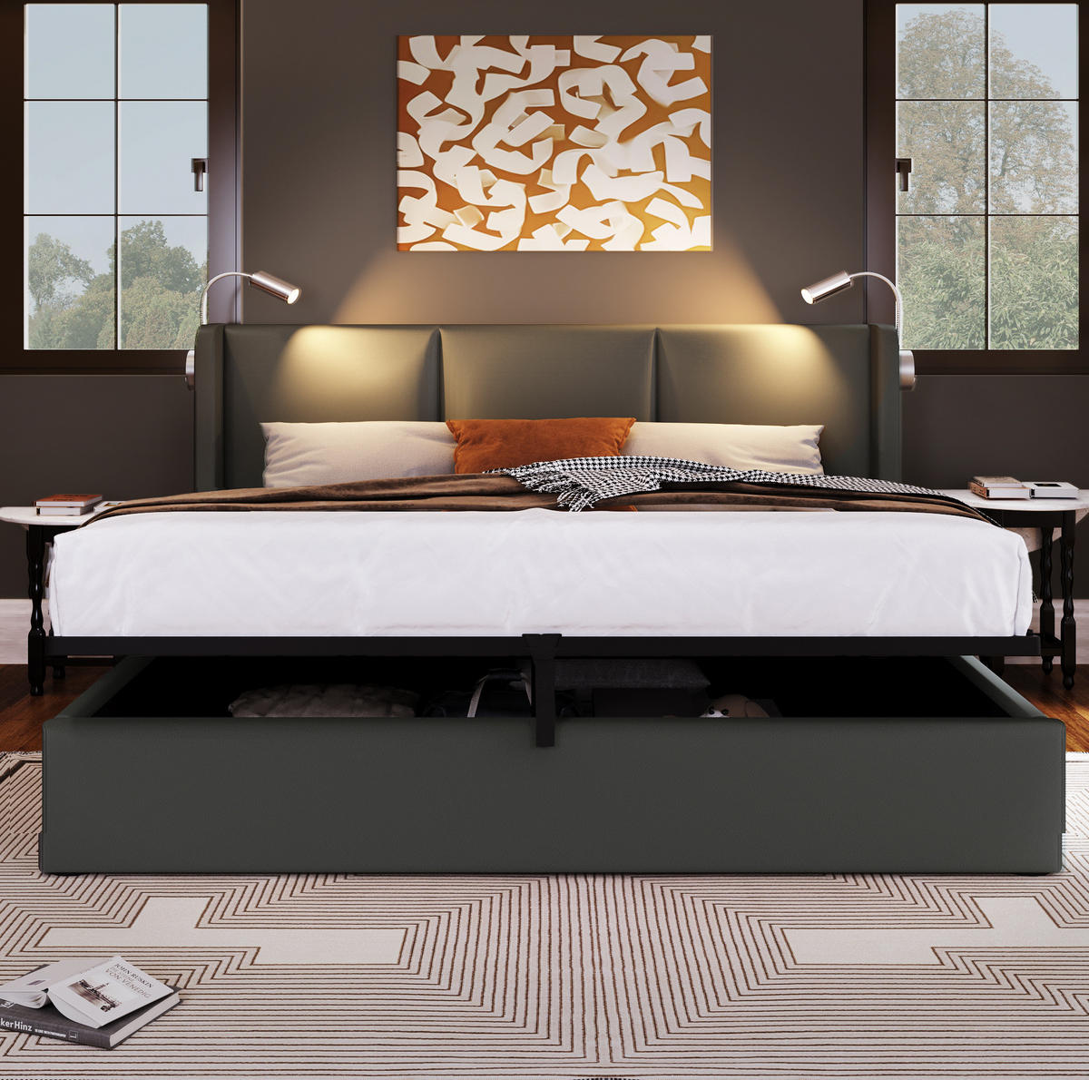 POLSTERBETT 160x200 cm in Grau mit Bettkasten, Leselampe, USB-Ladefunktion und Matratze - Grau, Kunststoff (160/200cm) - IVMEU