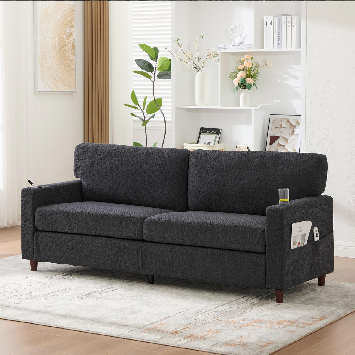 SOFA Zweisitzer Chenille dunkelgrau mit USB-C LED-Ambiente & Getränkehaltern 203/77,5/86 cm - Dunkelgrau, Textil (203/86/77.5cm) - OKWISH